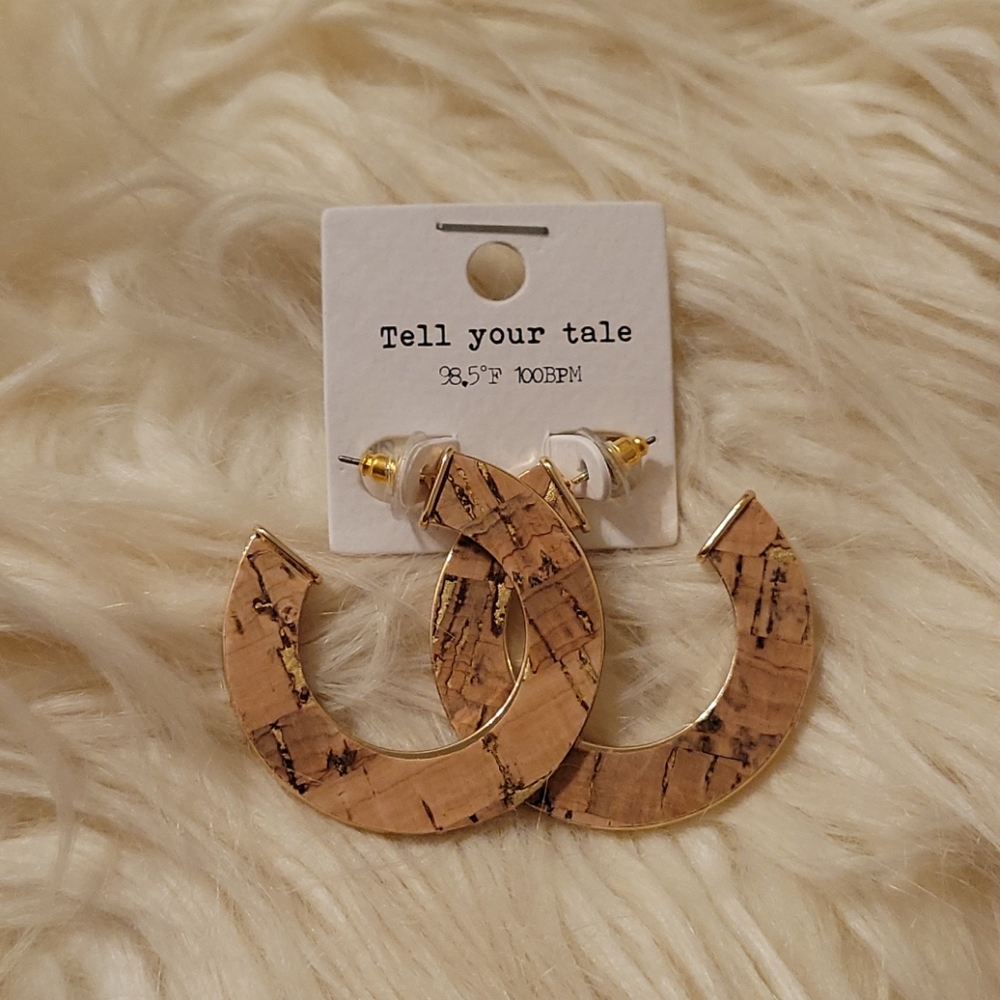 Cork and Gold Tone Hoop Earrings